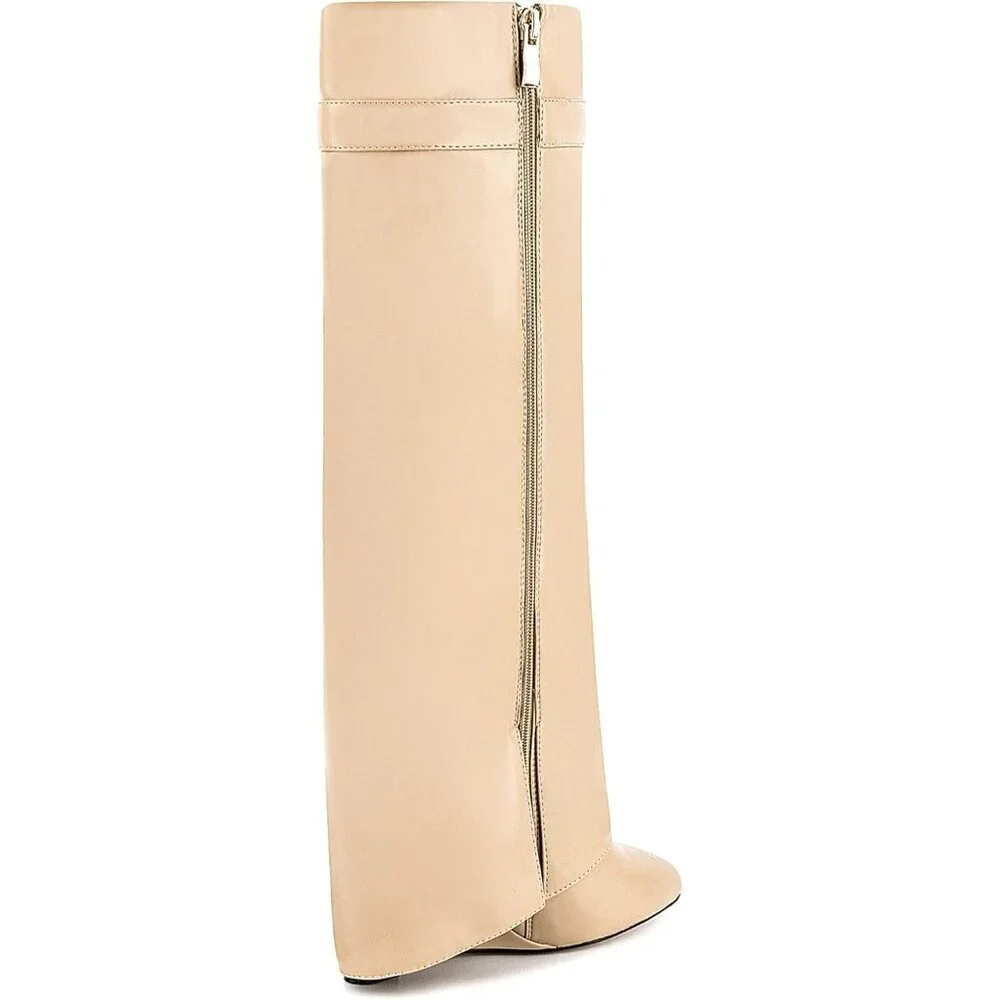 Women Faux Leather Beige Pull-on Wedge Heel Knee Shark Padlock Design Boot
